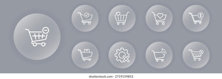 A set of nine circular icons featuring stylized shopping carts with symbols like hearts, discounts