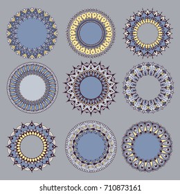 Set of nine circular ornaments. Round Pattern Mandala in light colors. Can be used for the greeting cards,  invitation, template frame design for business style, cards or else. Vector illustration