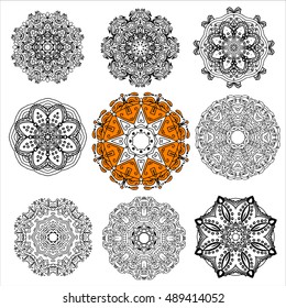A set of nine circular patterns, mandalas, the elements for your design, vector, hand-drawn. Boho style