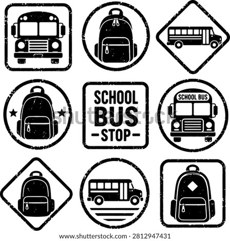 Set of nine circular square and diamond shape grunge texture rubber stamps illustrating school bus front and side views plus student backpacks with typography elements for retro educational branding or creative scrapbook digital design projects