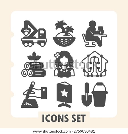Set of nine clean glyph icons representing key sectors: construction, farming, parenting, real estate, computing, manufacturing, security and storage solutions for interfaces