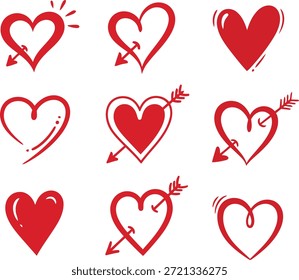 A set of nine clean but handcrafted red heart icons featuring arrow-pierced designs and simple highlights for romantic branding and design projects.