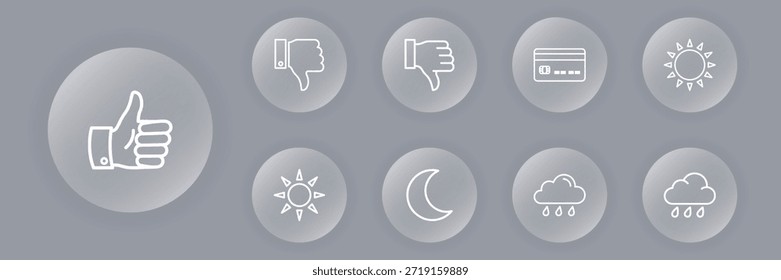 A set of nine clean, modern vector icons depicting various themes including hand signs, moon