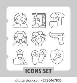 Conjunto de nove ícones de linha fina limpos que representam viagens, espaço, moda, relacionamentos, segurança, justiça e objetos do cotidiano ideais para projetos de design móvel e da Web