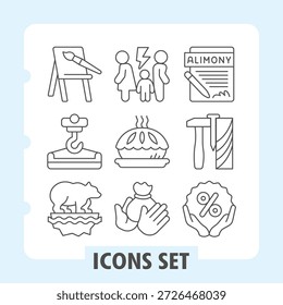 Set of nine clean thin line icons depicting family, law, alimony, savings, mortgage, investment, real estate, budgeting, and dining concepts for web and mobile applications