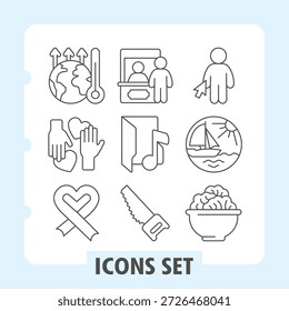 Conjunto de nueve iconos de línea delgada limpia que representan la comunicación global, la tecnología, la música, los viajes, la comida y las actividades diarias para interfaces digitales y el diseño de la experiencia del usuario