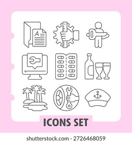 Set of nine clean thin line icons depicting education, settings, communication, calendar, beverages, travel, and vacation themes suitable for web and mobile applications