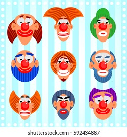 Set of nine clown faces on striped background  vector cartoon illustrations