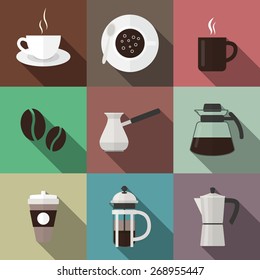 Set of nine coffee icons in flat style. Vector EPS10 illustration. 