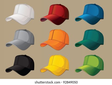 Set of nine color baseball caps.