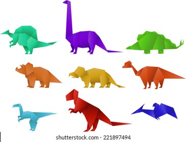 Set of Nine Color Paper Origami Dinosaur Collection vector illustration.