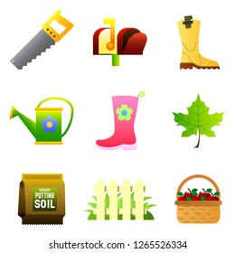Set of Nine Color Vector Icons - Saw, Mailbox, Rubber Boots, Watering Can, leaf, Soil, Flower bed, Basket of Apples