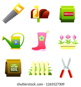 Set of Nine Color Vector Icons - Saw, Mailbox, Fertilizer, Flowers, Soil, Flower bed, Pruner, Watering Can, Rubber Boot