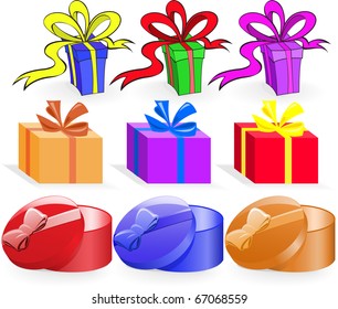 set of nine colored boxes of various shapes