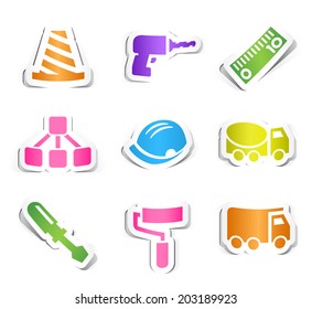 Set of Nine Colored Construction Icons with Paper Design.