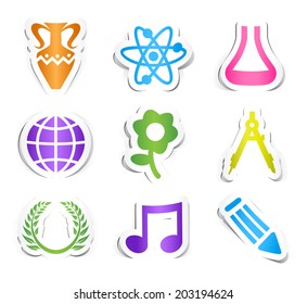 Set of Nine Colored Education Icons with Paper Design.