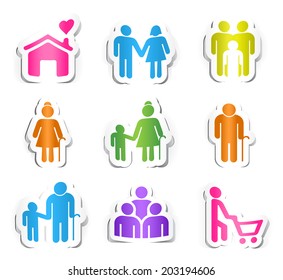 Set of Nine Colored Family Icons with Paper Design.
