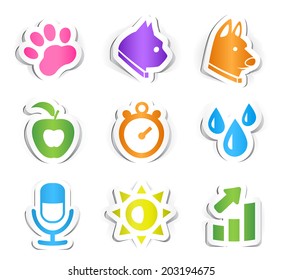 Set of Nine Colored Icons with Paper Design.