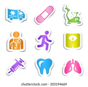 Set of Nine Colored Medical and Fitness Icons with Paper Design.