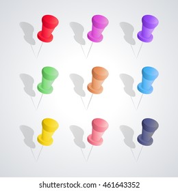 Set of nine colored pushpins with shadow and 3D effect, isolated on white background, design elements Chancellery, first set, vector illustration.