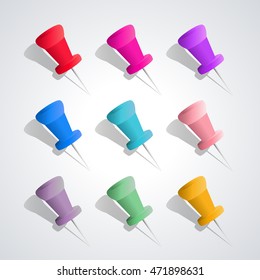 Set of nine colored pushpins with shadow and 3D effect, isolated on white background, design elements Chancellery, fourth set, vector illustration.