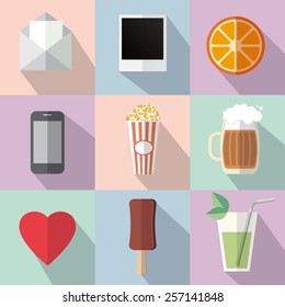set of nine colored vector icons casts a shadow