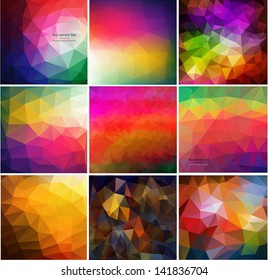 Set of nine colorful abstract geometric background with triangular polygons. Colorful mosaic of triangle