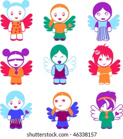 Set Of Nine Colorful Angel Girl Dolls.