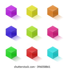 Set of nine colorful bright cubes with shadow. Vector, eps10. 
