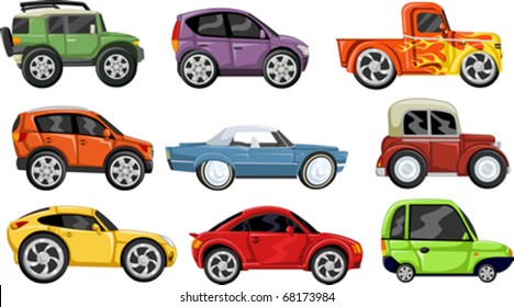 Set Of Nine Colorful Cartoon Cars