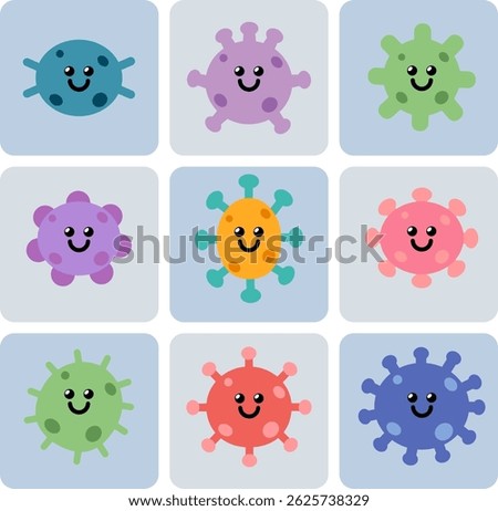 Set of nine colorful and cute cartoon virus, bacteria, or germ icons with smiling faces. Flat design vector style illustration perfect for health, science, or educational concepts for kids