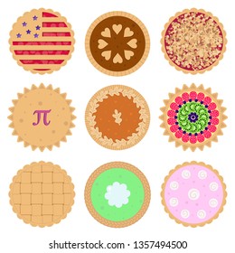 Set of nine colorful, decorative pie vector icons of various flavors