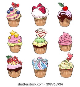 Set of nine colorful delicious cupcakes drawn in cartoon style. Isolated on white background.