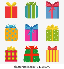 Set of nine colorful of different gift  boxes
