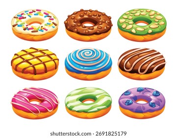 Conjunto de nove rosquinhas coloridas com diferentes coberturas, incluindo polvilhas, nozes e frutas, isoladas em um fundo branco. Ilustração de desenho animado vetorial