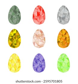 Set of nine colorful Easter eggs with a modern, geometric polygonal design. Perfect for Easter-themed designs, greeting cards, or website elements.