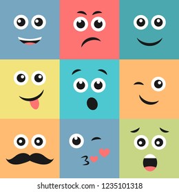 Set of nine colorful emoticons. Emoji icon in square. Flat background pattern. Vector illustration
