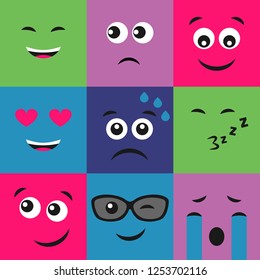 Set of nine colorful emoticons. Emoji icon in square. Flat background pattern. Vector illustration