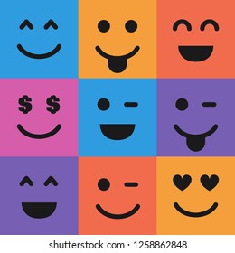 Set of nine colorful emoticons. Emoji icon in square. Flat background pattern. Vector illustration
