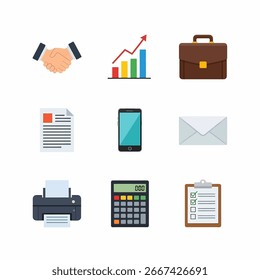 A set of nine colorful flat design icons representing various business, office, and communication concepts on a white background.