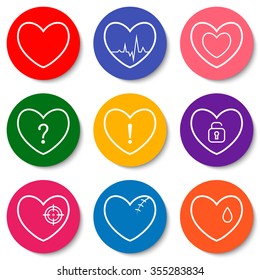 Set of nine colorful flat heart icons. Double hearts, broken heart, heartbeat, locked heart. Valentine Day icons. Vector illustration.