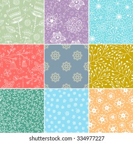 Set of nine colorful floral patterns .Seamless pattern can be used for wallpaper, pattern fills, web page background,surface textures. Floral seamless backgrounds.