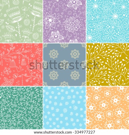 Set of nine colorful floral patterns .Seamless pattern can be used for wallpaper, pattern fills, web page background,surface textures. Floral seamless backgrounds.