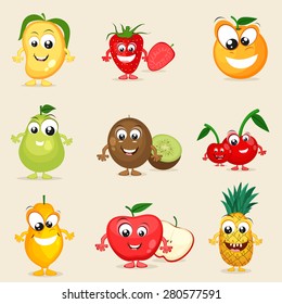 Set of nine colorful fruits character in smiling way on beige background.