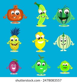 Set of nine colorful fruits characters in laughing way on blue background.