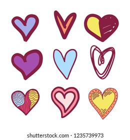 Set of nine colorful hand drawn heart. Handdrawn rough marker hearts isolated on white background. Vector illustration for your graphic design