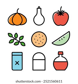 A set of nine colorful icons depicting various kitchen ingredients, perfect for food-related projects or culinary websites. These illustrations include a pumpkin, onion, tomato, basil, cracker.