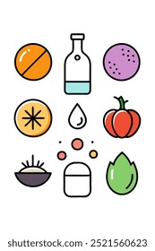 A set of nine colorful icons depicting various natural elements, such as fruits, vegetables, water, and the sun. This graphic is perfect for adding a touch of whimsy to your designs.