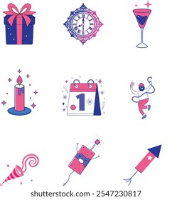 A set of nine colorful icons depicting New Years Eve festivities, including a gift, clock, champagne flute, candle, calendar, partygoer, party favor, firecracker, and rocket.