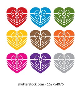 Set of nine colorful icons of gift boxes on white background